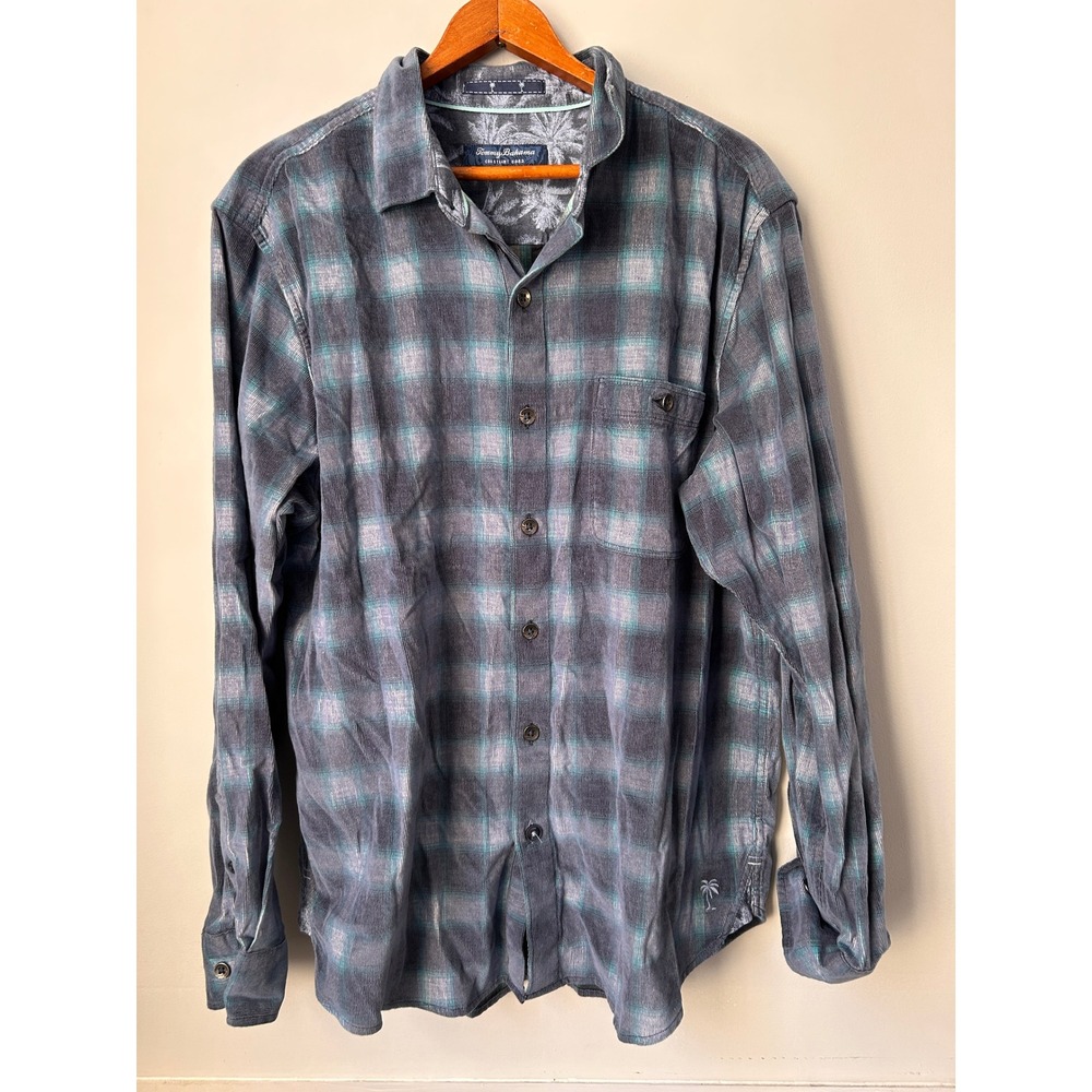 Tommy Bahama Coastline Cord Plaid Corduroy Shirt Mens Medium Blue Teal